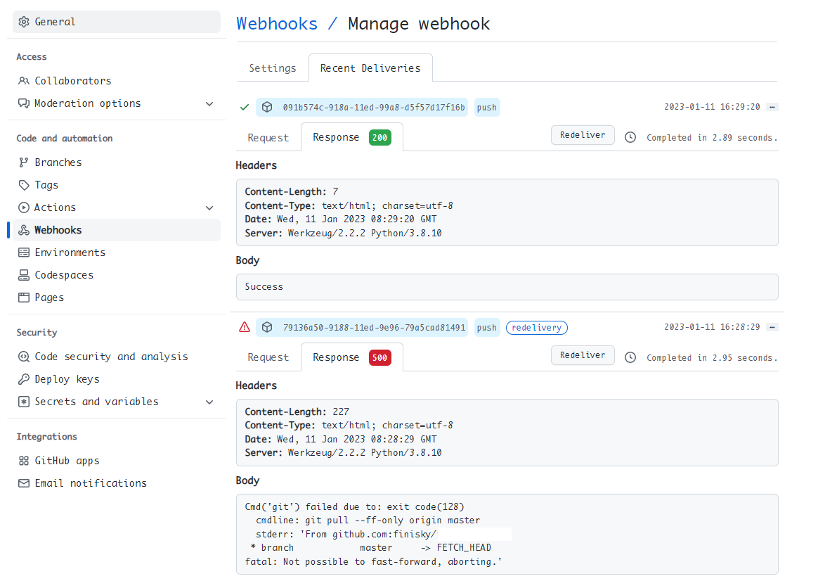 GitHub Webhook Deliveries Results
