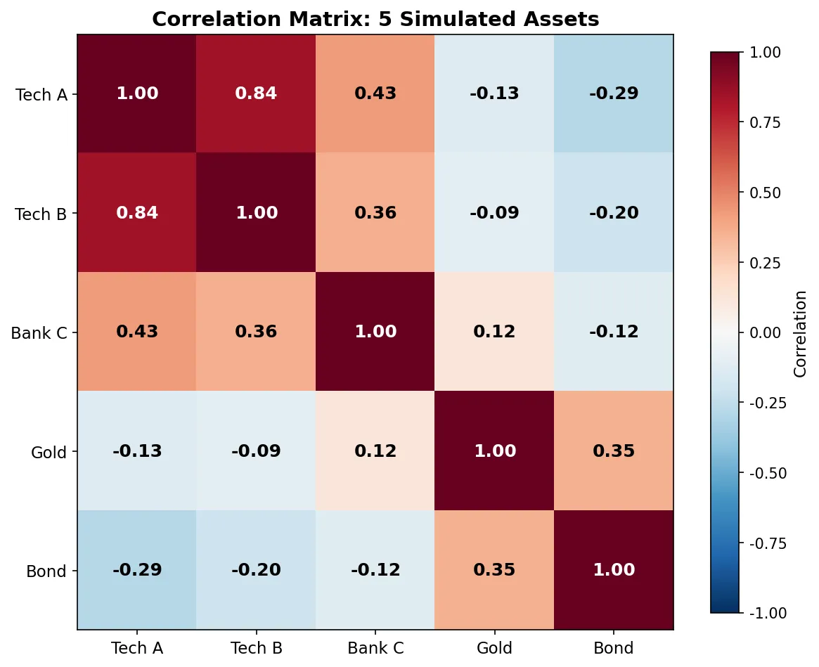 Correlation matrix heatmap for 5 simulated assets