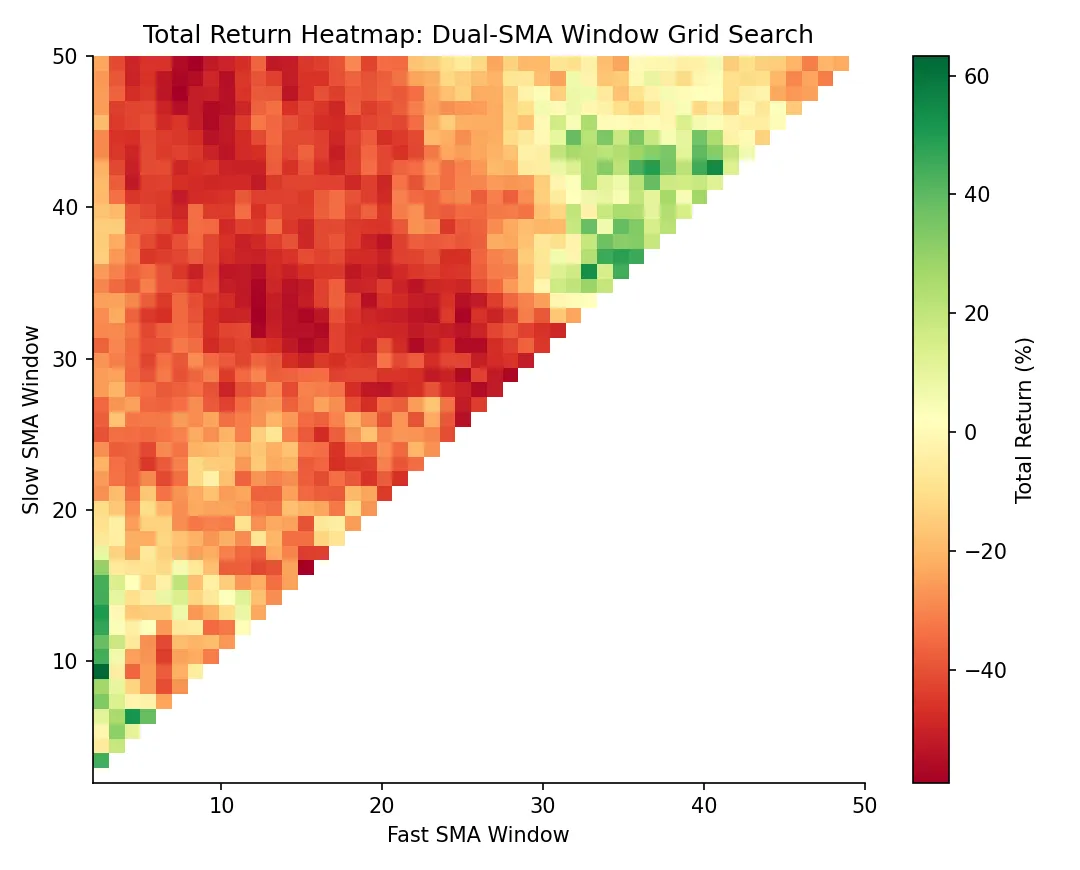 Parameter heatmap of dual-SMA window grid search showing total return for all fast/slow combinations